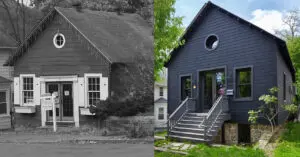 Before and after net zero renovation of 1840's blacksmith shop to architectural studio courtesy of River Architects PLLC