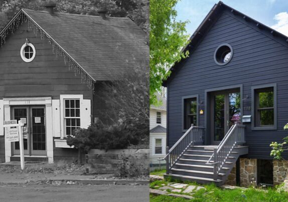 Before and after net zero renovation of 1840's blacksmith shop to architectural studio courtesy of River Architects PLLC